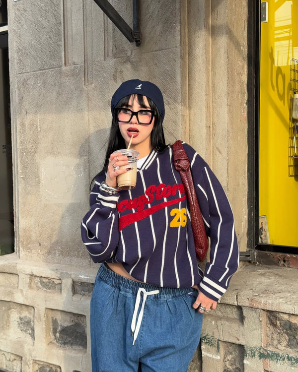 Retro Embroidered Striped Knitted Sweater