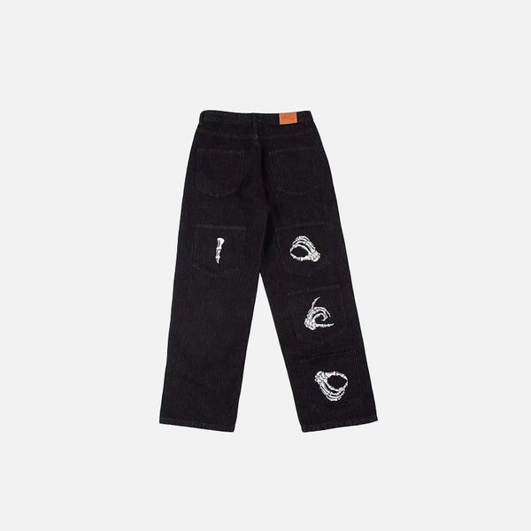 Skull Hand Signs Black Baggy Jeans
