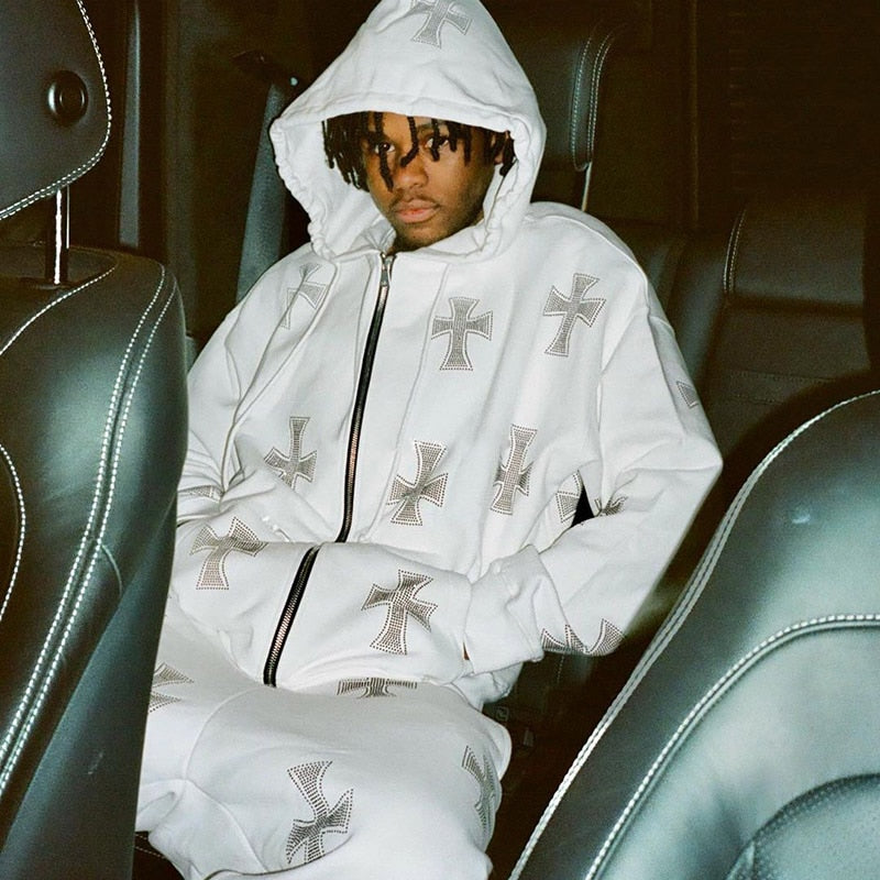 Y2K Cross Print Zip Up Hoodie – DAXUEN