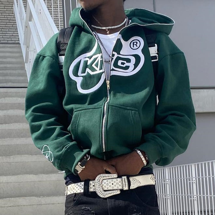 A model showing off the green Y2K Loose Hoodie 