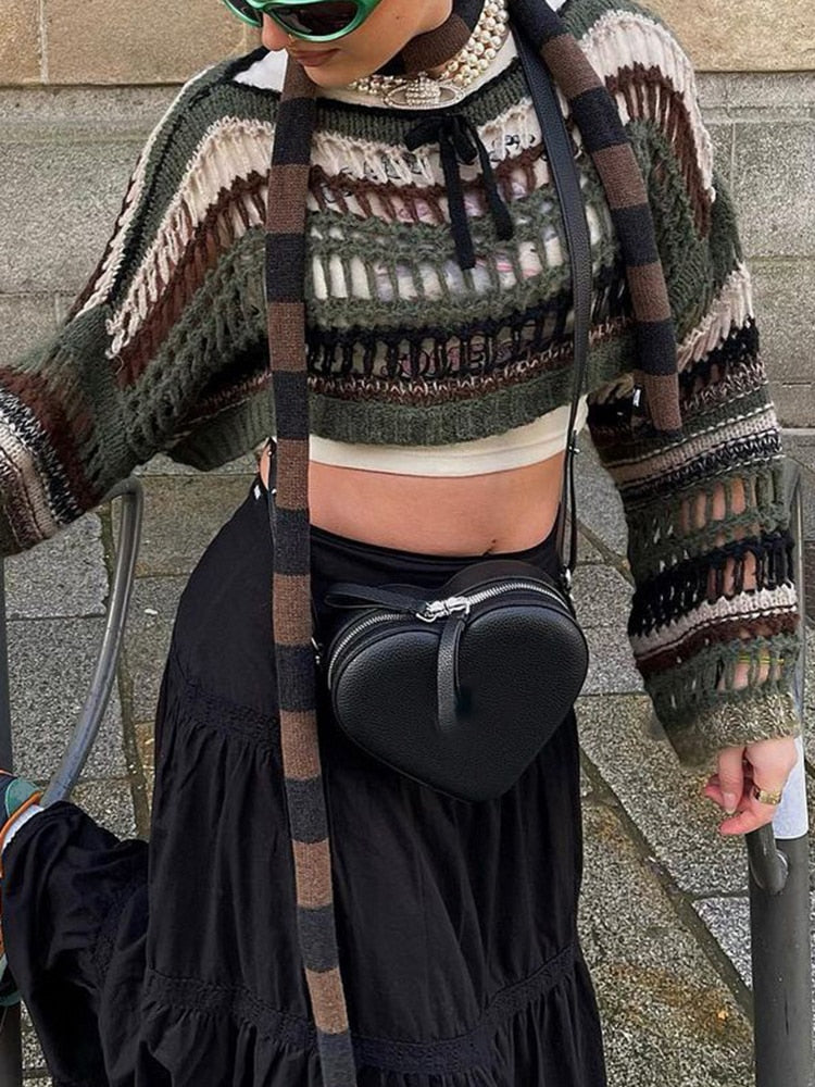 Y2K Hollow Striped Gothic Crop Sweater 44 OFF