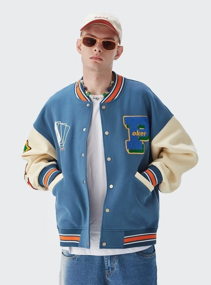 A guy wearing DAXUEN Bomber Varsity Jacket from front view